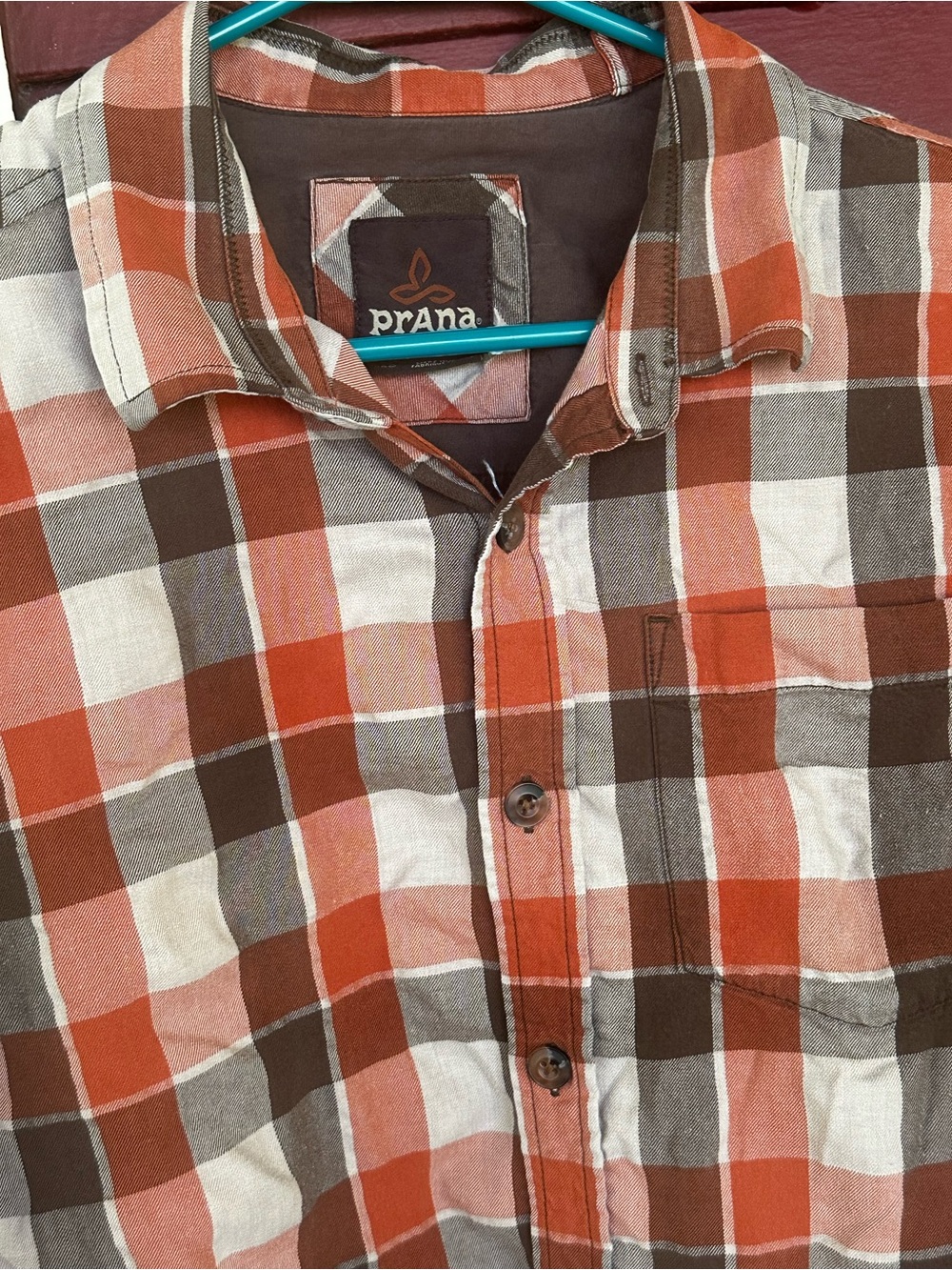 prAna Men's Medium Orange & Gray Plaid Hiking Outdoor Casual Button Up Shirt